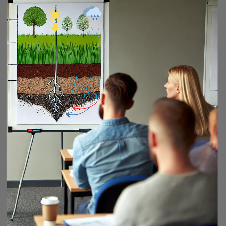 Workshop-Gruppe vor Flipchart – Teilnehmer entdecken begeistert das Thema Boden, Pflanzenwachstum, Dünger und Bodenaktivatoren.