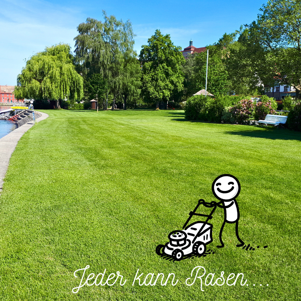Strichmännchen mäht eine grüne Rasenfläche – steht für einfache, umweltfreundliche Rasenpflege mit Tipps zu Rasenmähern, Dünger und Moos.